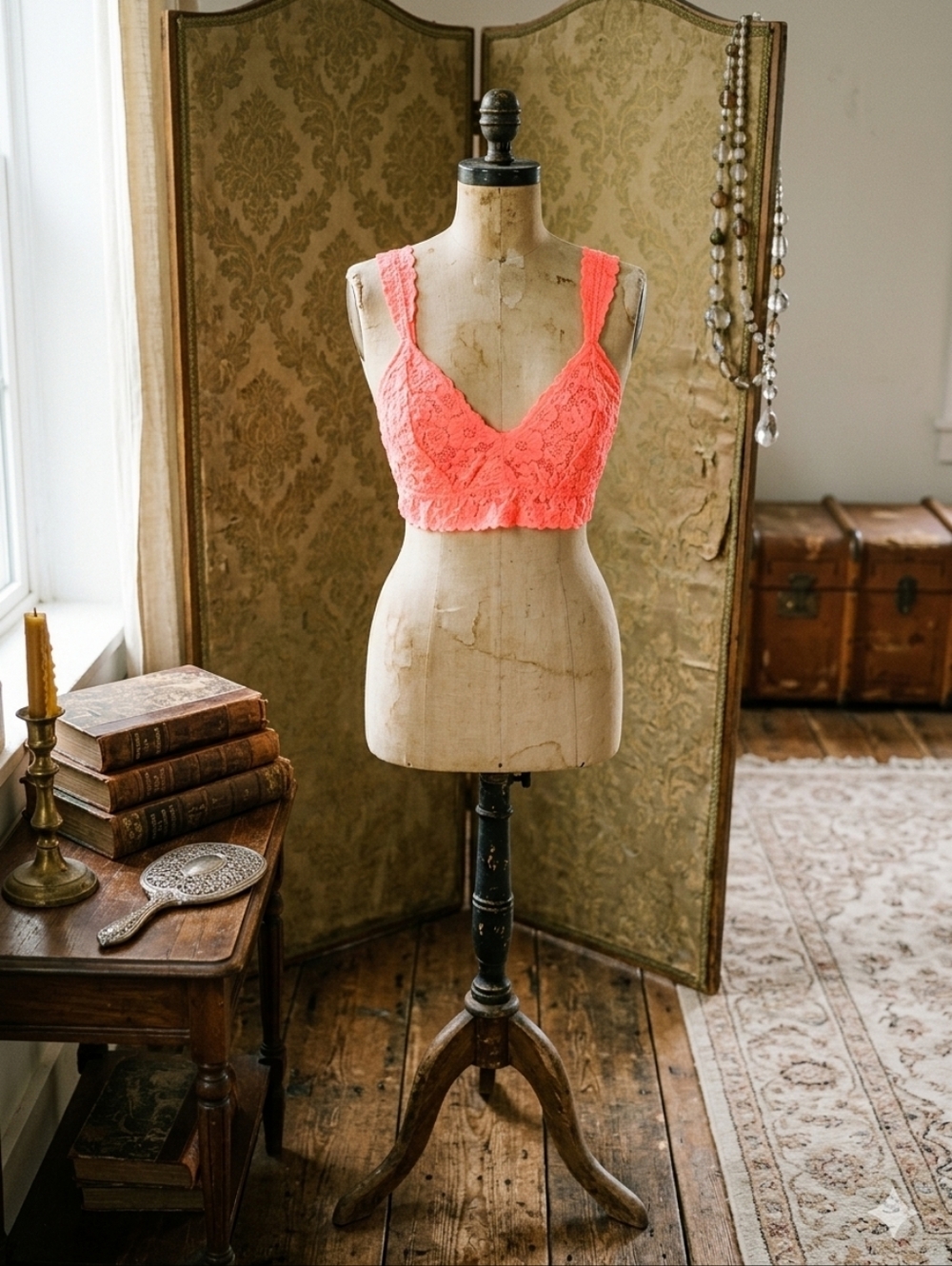 Aerie Neon Coral Floral Lace Bralette